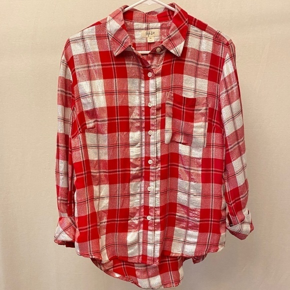 Style & Co Petite Medium Red Metallic Plaid Flannel Top Blouse Shirt - Picture 2 of 9